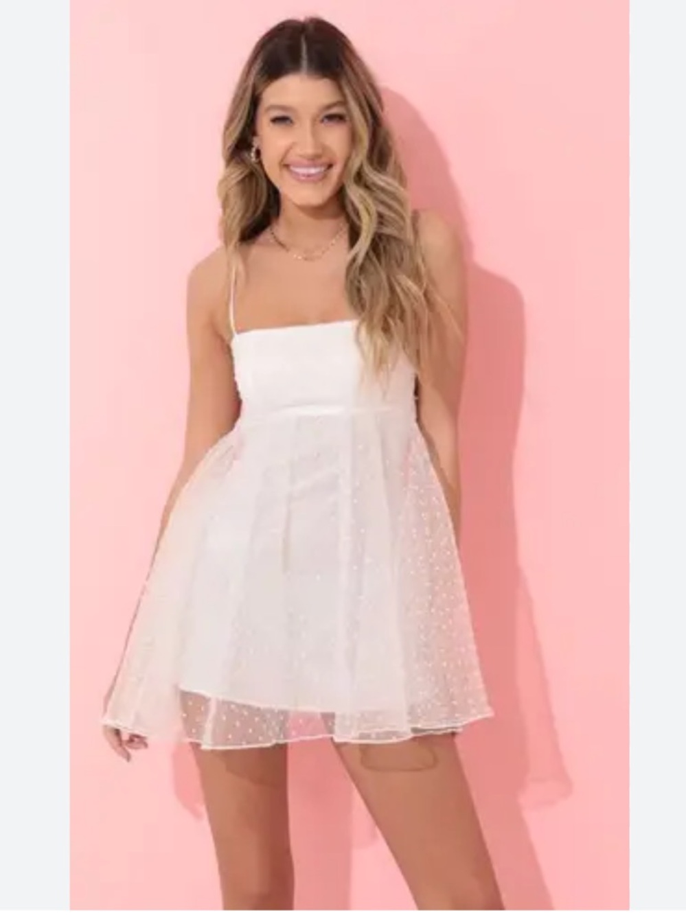 Lucy in the Sky White Sheer Polka-Dot Babydoll Dress, small